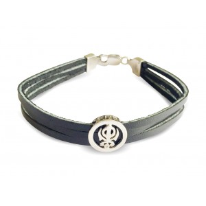 Khanda Silver Bracelet On Leather Strap for men with silver lock