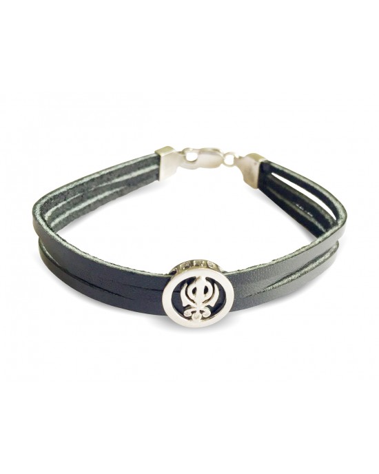 Khanda Silver Bracelet On Leather Strap for men with silver lock Khanda Silver Bracelet On Leather Strap for men with silver lock