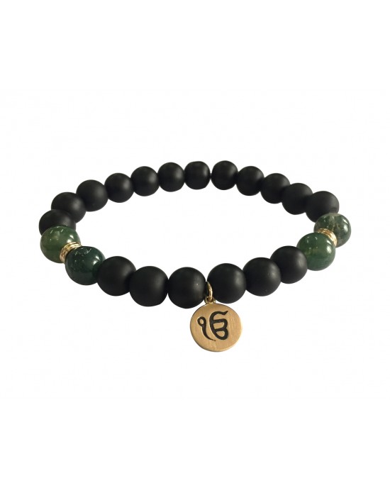 Aumkaara Balance bracelet with Moss Agate and black onyx in gold Aumkaara Balance bracelet with Moss Agate and black onyx in gold
