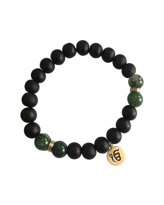 Aumkaara Balance bracelet with Moss Agate and black onyx in gold Aumkaara Balance bracelet with Moss Agate and black onyx in gold