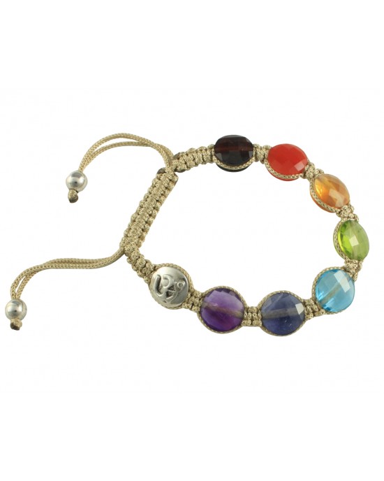 Om Bracelet in Silver with Single Diamond & 7 Chakra Color Stones Om Bracelet in Silver with Single Diamond & 7 Chakra Color Stones