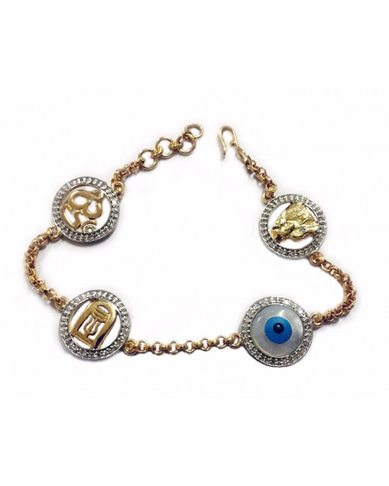 Evil Eye, Aum, Shiv Trishul and ShivLing and Sai Ram all in one, gold bracelet with diamonds Evil Eye, Aum, Shiv Trishul and ShivLing and Sai Ram all in one, gold bracelet with diamonds
