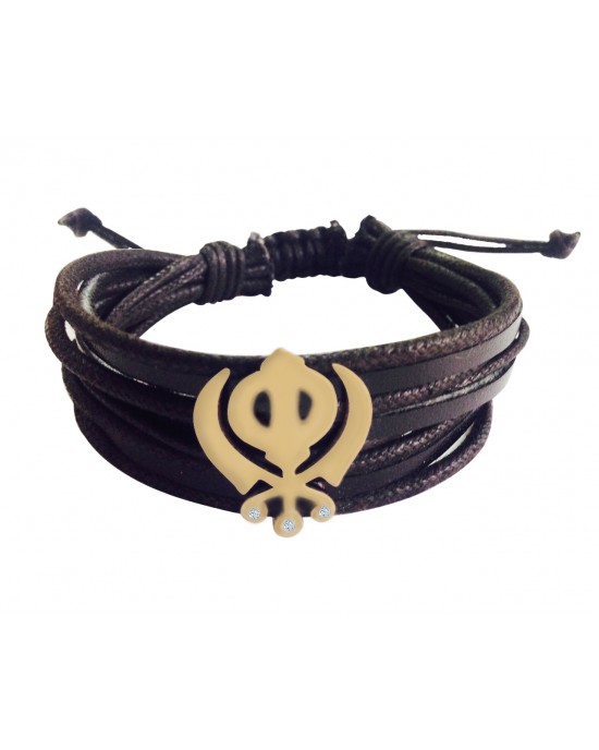 Gold Khanda Bracelet for Men on wide leather band Gold Khanda Bracelet for Men on wide leather band