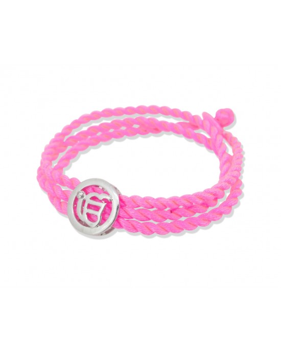 Ik Onkaar Bracelet in Silver with Diamonds on Braided Thread Ik Onkaar Bracelet in Silver with Diamonds on Braided Thread