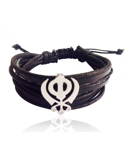 Wide Leather & Cotton Cord Khanda Bracelet in 925 Silver with Diamonds Wide Leather & Cotton Cord Khanda Bracelet in 925 Silver with Diamonds