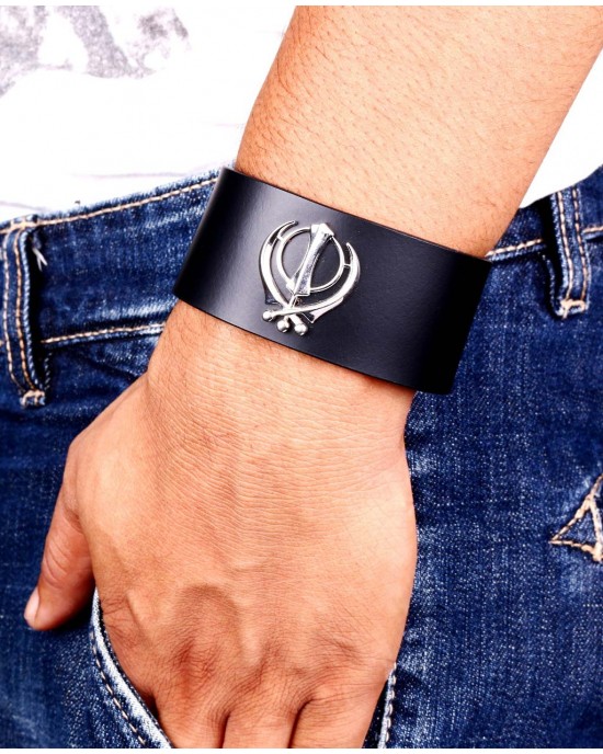 Khanda on wide Leather Band Khanda on wide Leather Band