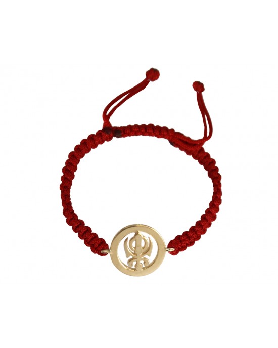 Gold Plated Khanda Rakhi in Sterling Silver On Size Adjustable Thread Bracelet Gold Plated Khanda Rakhi in Sterling Silver On Size Adjustable Thread Bracelet