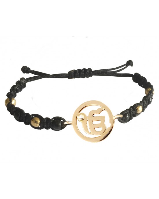 New Born Baby Ik onkaar Bracelet In Gold With Black & Gold Beads For Nazaria New Born Baby Ik onkaar Bracelet In Gold With Black & Gold Beads For Nazaria