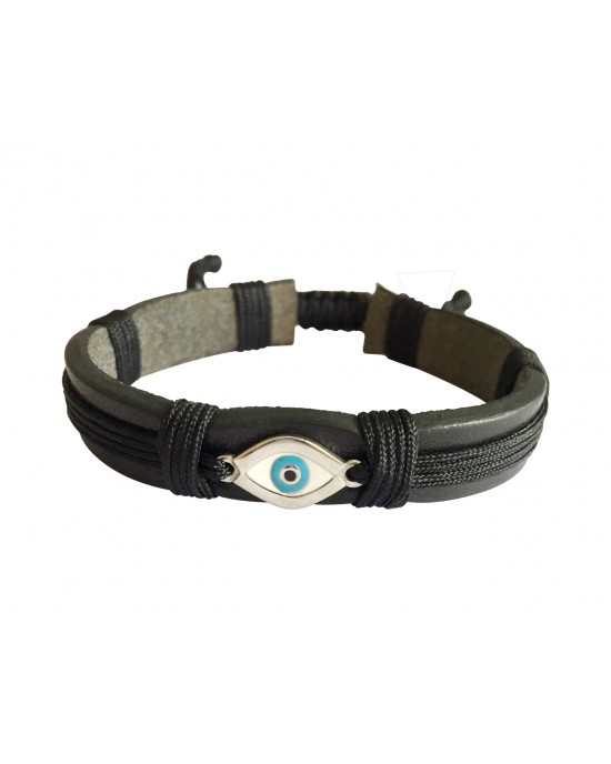 Evil Eye Silver Bracelet on Leather Band for Men with Adjustable Size Evil Eye Silver Bracelet on Leather Band for Men with Adjustable Size