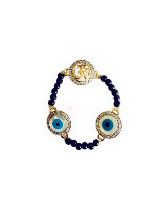 Evil eye and Aum 12mm charm bracelet on black beads for New born Evil eye and Aum 12mm charm bracelet on black beads for New born