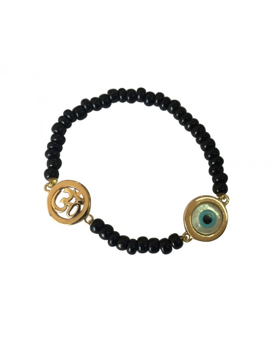 Om & Evil eye charm in gold on black beads for new born Om & Evil eye charm in gold on black beads for new born