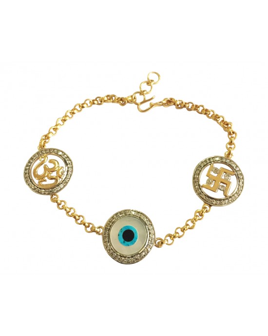 Auspicious Om Evil Eye and swastika bracelet in gold with diamonds Auspicious Om Evil Eye and swastika bracelet in gold with diamonds