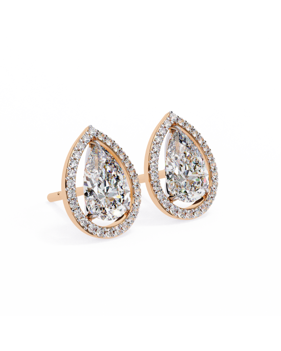 Leena Pear Shape Lab Grown Diamond Solitaire Earrings with diamond Halo in Gold Leena Pear Shape Lab Grown Diamond Solitaire Earrings with diamond Halo in Gold