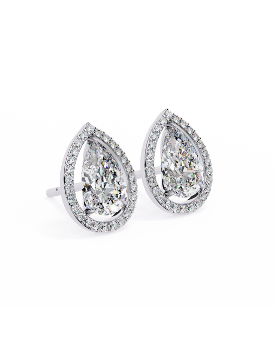 Leena Pear Shape Lab Grown Diamond Solitaire Earrings with diamond Halo in Gold Leena Pear Shape Lab Grown Diamond Solitaire Earrings with diamond Halo in Gold