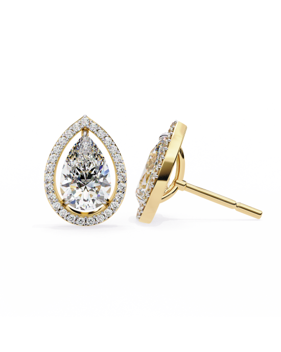 Leena Pear Shape Lab Grown Diamond Solitaire Earrings with diamond Halo in Gold Leena Pear Shape Lab Grown Diamond Solitaire Earrings with diamond Halo in Gold
