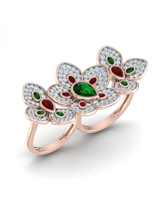 Remy Double finger Ring in Gold with diamonds, ruby & emerald Remy Double finger Ring in Gold with diamonds, ruby & emerald