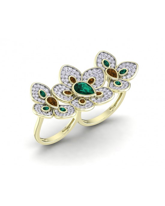 Remy Double finger Ring in Gold with diamonds, ruby & emerald Remy Double finger Ring in Gold with diamonds, ruby & emerald